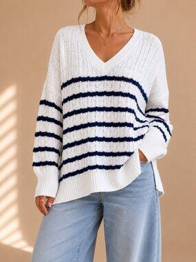 Jones & Co Striped V-Neck Knit Sweater White Navy (Women’s 1X)